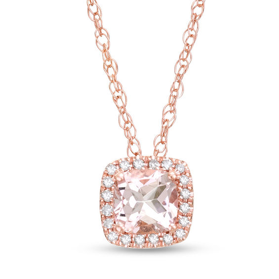 5.0mm Cushion-Cut Morganite and 0.05 CT. T.W. Diamond Frame Pendant in 10K Rose Gold