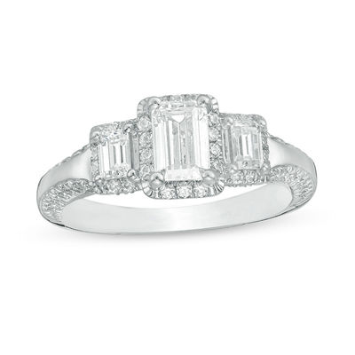 1.63 CT. T.W. Certified Emerald-Cut Diamond Past Present Future® Frame Engagement Ring in 14K White Gold (I/SI2)