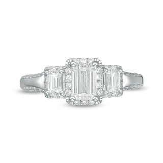 1.63 CT. T.W. Certified Emerald-Cut Diamond Past Present Future® Frame Engagement Ring in 14K White Gold (I/SI2)