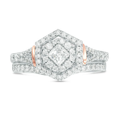 Perfect Fit 0.75 CT. T.W. Princess-Cut Diamond Hexagon Frame Interlocking Bridal Set in 14K Two-Tone Gold