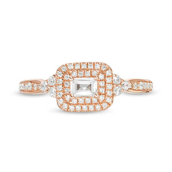 0.45 CT. T.W. Emerald-Cut Diamond Frame Tri-Sides Engagement Ring in 14K Rose Gold