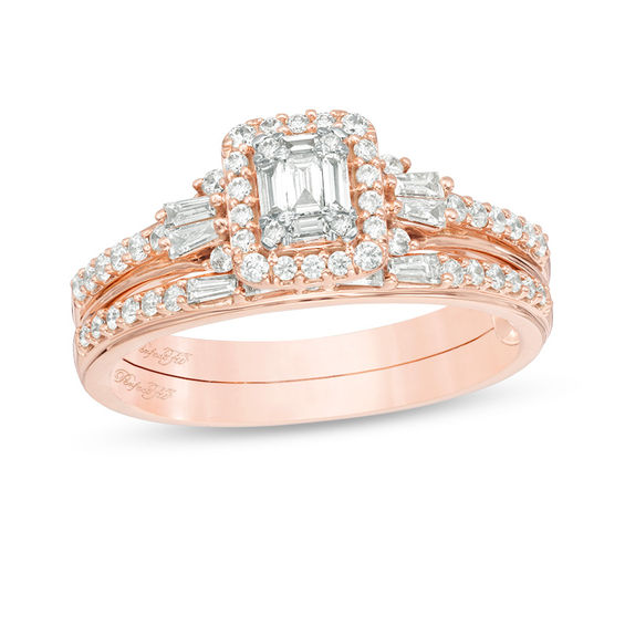 Perfect Fit 0.50 CT. T.W. Baguette and Round Diamond Frame Interlocking Bridal Set in 14K Rose Gold