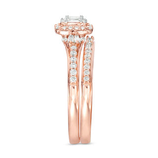 Perfect Fit 0.50 CT. T.W. Baguette and Round Diamond Frame Interlocking Bridal Set in 14K Rose Gold