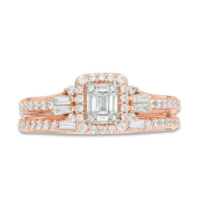 Perfect Fit 0.50 CT. T.W. Baguette and Round Diamond Frame Interlocking Bridal Set in 14K Rose Gold