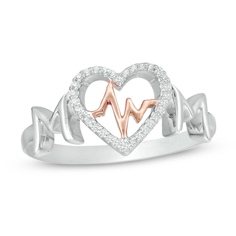 0.115 CT. T.W. Diamond "MOM" Heartbeat in Heart Ring in Sterling Silver with 10K Rose Gold Plate|Peoples Jewellers