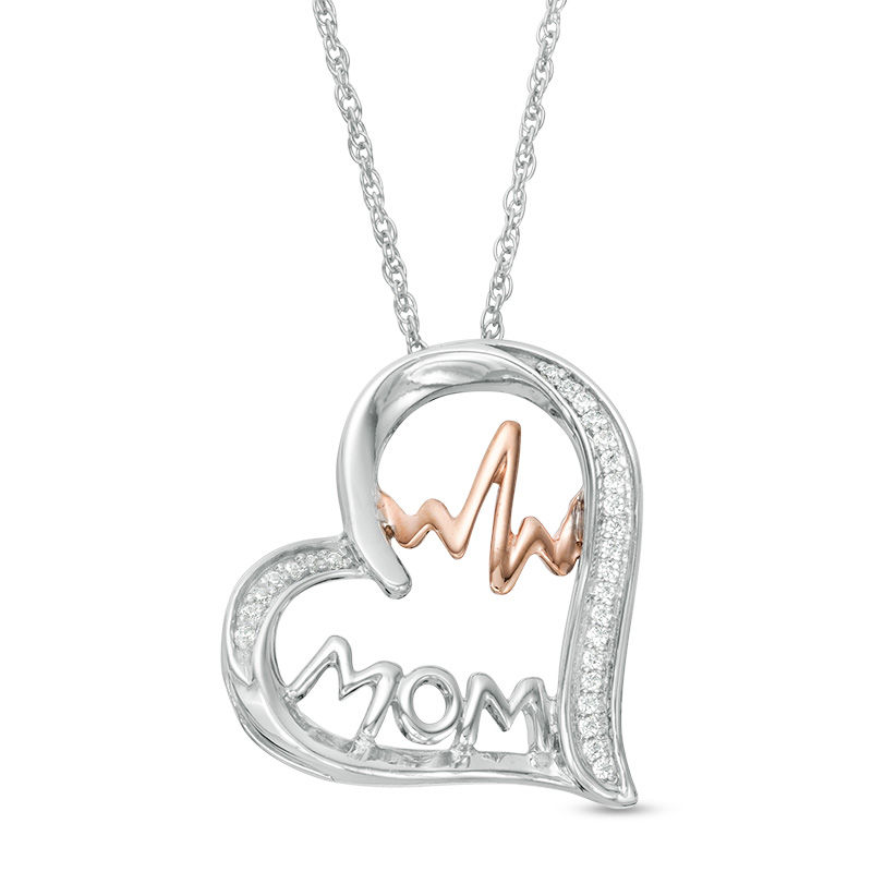 0.066 CT. T.W. Diamond "MOM" and Heartbeat in Tilted Heart Pendant in Sterling Silver and 10K Rose Gold|Peoples Jewellers