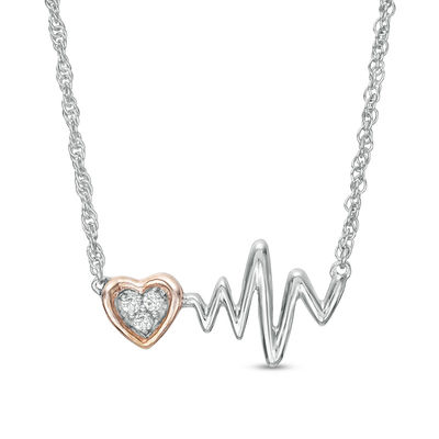 0.04 CT. T.W. Diamond Heartbeat and Heart Necklace in Sterling Silver and 10K Rose Gold - 17.15"