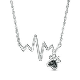 Black Diamond Accent Heartbeat and Paw Print Dangle Necklace in Sterling Silver - 17.25&quot;