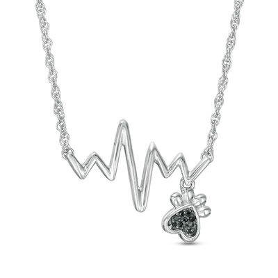 Black Diamond Accent Heartbeat and Paw Print Dangle Necklace in Sterling Silver - 17.25"