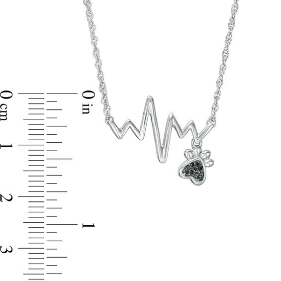 Black Diamond Accent Heartbeat and Paw Print Dangle Necklace in Sterling Silver - 17.25"