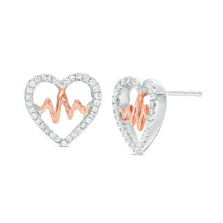 0.18 CT. T.W. Diamond Heartbeat in Heart Stud Earrings in Sterling Silver and 10K Rose Gold