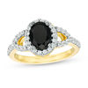 Thumbnail Image 0 of Oval Lab-Created Black and White Sapphire Frame Open Leaf Ring in 10K Gold
