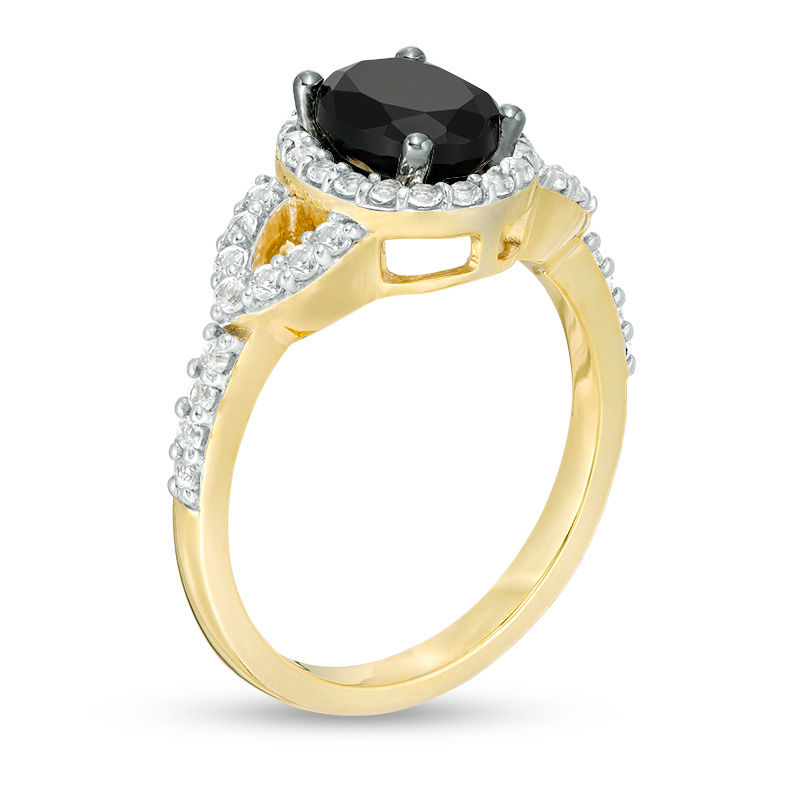 Oval Lab-Created Black and White Sapphire Frame Open Leaf Ring in 10K Gold