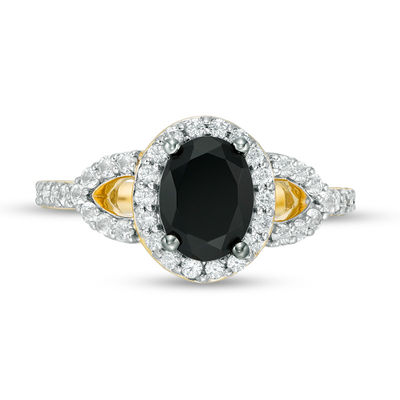 Oval Lab-Created Black and White Sapphire Frame Open Leaf Ring in 10K Gold