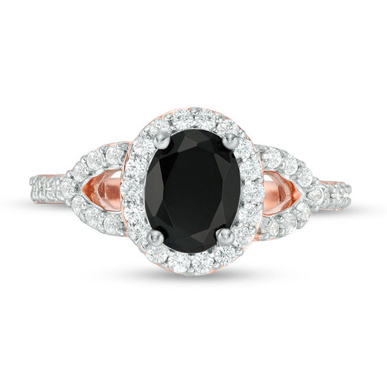 Oval Lab-Created Black and White Sapphire Frame Open Leaf Ring in 10K Rose Gold