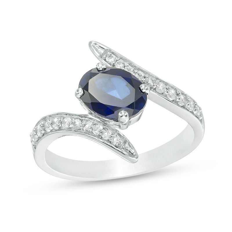 Oval Lab-Created Blue and White Sapphire Bypass Ring in Sterling Silver|Peoples Jewellers
