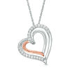 Thumbnail Image 0 of Lab-Created White Sapphire Tilted Double Heart Pendant in Sterling Silver and 10K Rose Gold