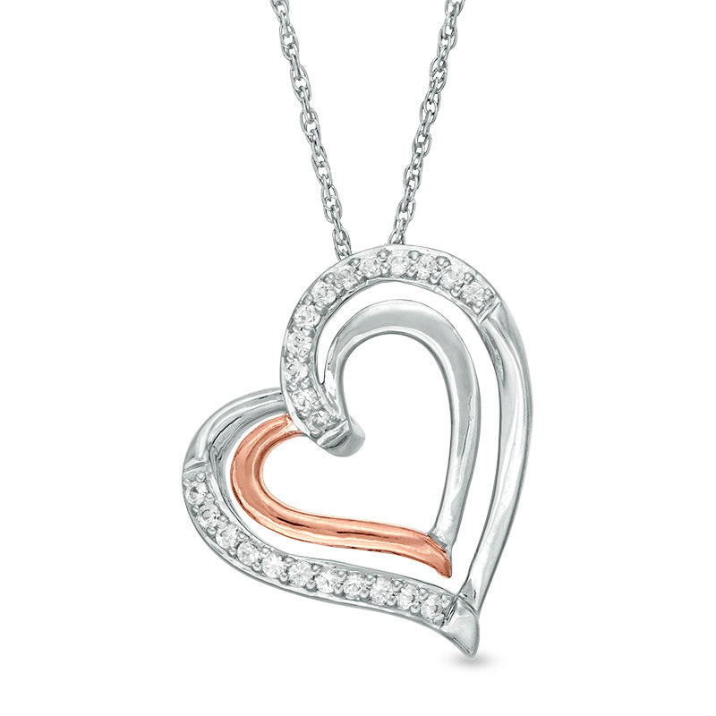 Lab-Created White Sapphire Tilted Double Heart Pendant in Sterling Silver and 10K Rose Gold|Peoples Jewellers