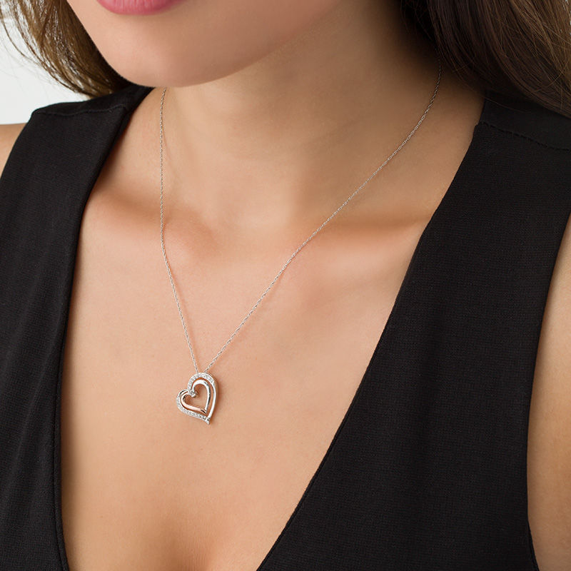 Lab-Created White Sapphire Tilted Double Heart Pendant in Sterling Silver and 10K Rose Gold