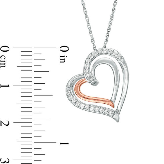 Lab-Created White Sapphire Tilted Double Heart Pendant in Sterling Silver and 10K Rose Gold