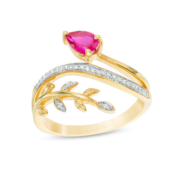 Pear-Shaped Lab-Created Ruby and 0.067 CT .T.W. Diamond Leafy Branch Bypass Ring in Sterling Silver with 14K Gold Plate