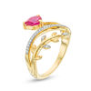 Pear-Shaped Lab-Created Ruby and 0.067 CT .T.W. Diamond Leafy Branch Bypass Ring in Sterling Silver with 14K Gold Plate