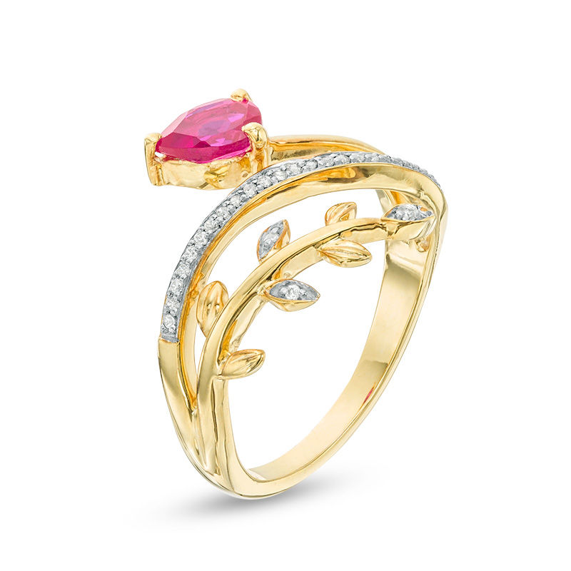 Pear-Shaped Lab-Created Ruby and 0.067 CT .T.W. Diamond Leafy Branch Bypass Ring in Sterling Silver with 14K Gold Plate|Peoples Jewellers