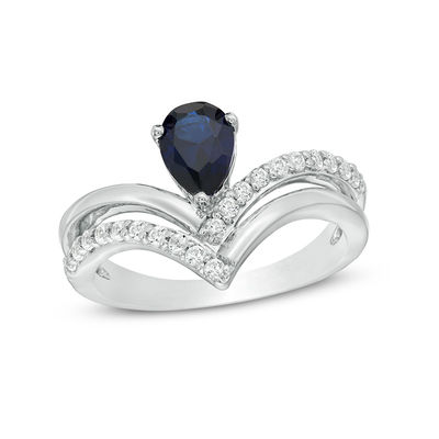 Pear-Shaped Lab-Created Blue and White Sapphire Double Row Chevron Ring in Sterling Silver