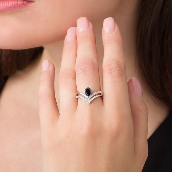 Pear-Shaped Lab-Created Blue and White Sapphire Double Row Chevron Ring in Sterling Silver