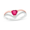 Thumbnail Image 0 of Heart-Shaped Lab-Created Ruby and 0.04 CT. T.W. Diamond Chevron Split Shank Ring in Sterling Silver and 10K Rose Gold