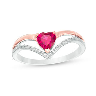 Heart-Shaped Lab-Created Ruby and 0.04 CT. T.W. Diamond Chevron Split Shank Ring in Sterling Silver and 10K Rose Gold