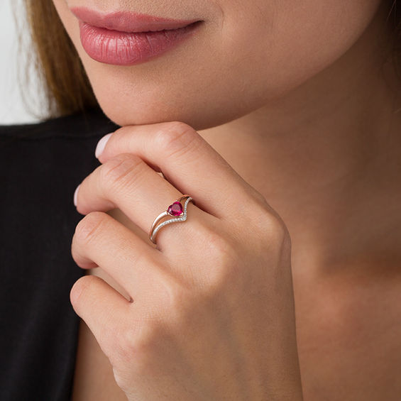 Heart-Shaped Lab-Created Ruby and 0.04 CT. T.W. Diamond Chevron Split Shank Ring in Sterling Silver and 10K Rose Gold