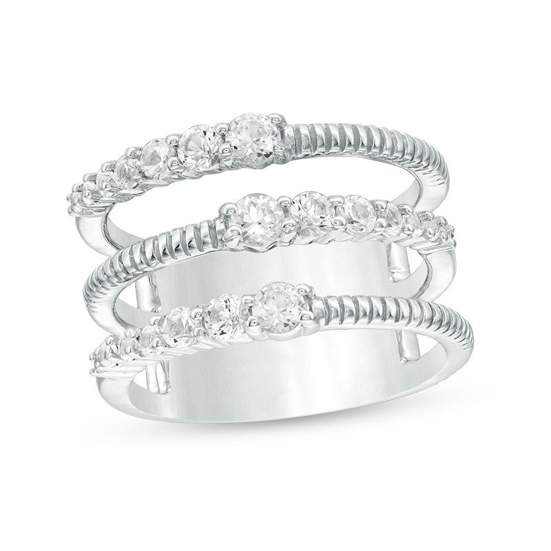 Lab-Created White Sapphire and Textured Triple Row Open Shank Ring in Sterling Silver|Peoples Jewellers