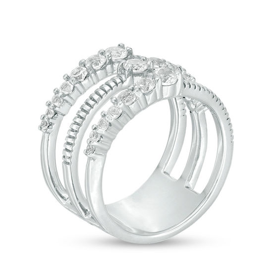 Lab-Created White Sapphire and Textured Triple Row Open Shank Ring in Sterling Silver