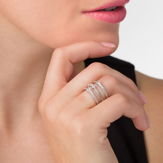 Lab-Created White Sapphire and Textured Triple Row Open Shank Ring in Sterling Silver