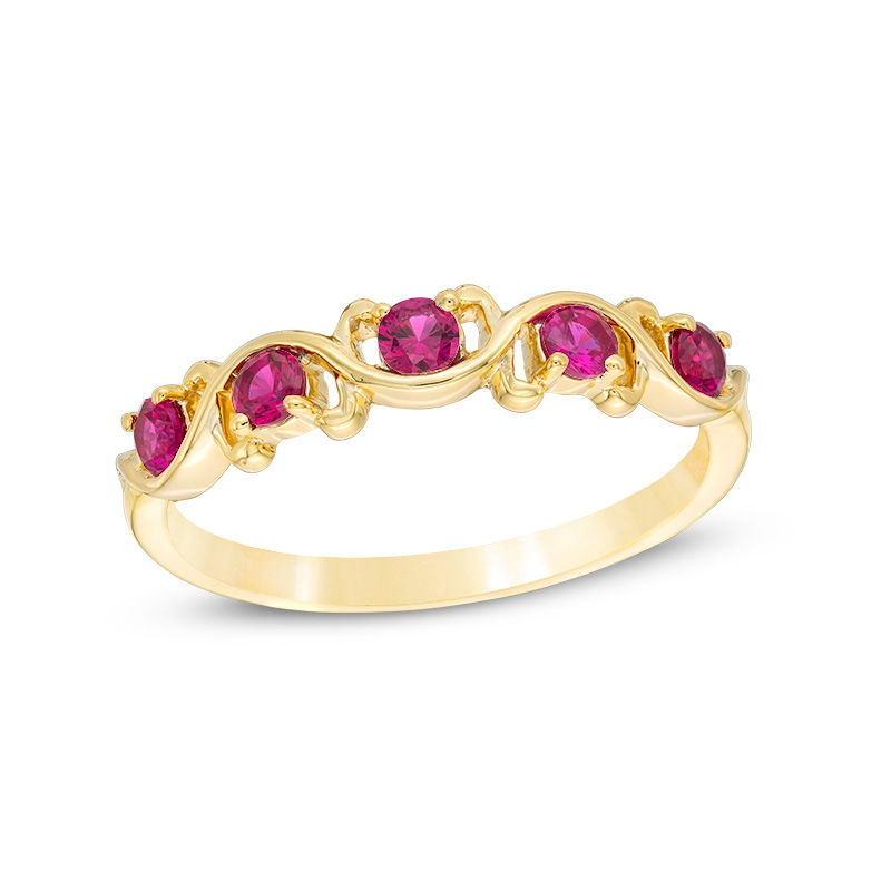 Lab-Created Ruby Five Stone Wavy Ribbon Ring in 10K Gold|Peoples Jewellers