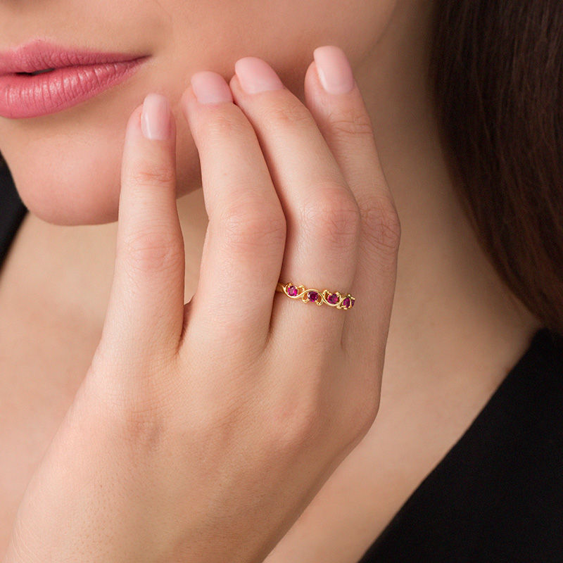 Lab-Created Ruby Five Stone Wavy Ribbon Ring in 10K Gold|Peoples Jewellers