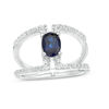 Oval Lab-Created Blue and White Sapphire Double Row Open Shank Ring in Sterling Silver