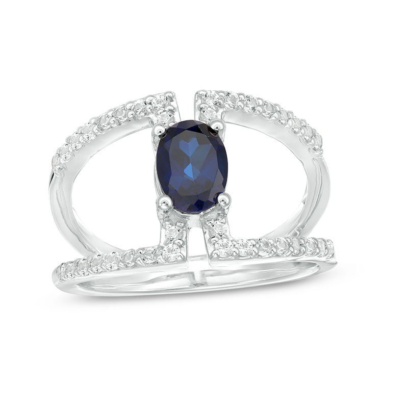 Oval Lab-Created Blue and White Sapphire Double Row Open Shank Ring in Sterling Silver|Peoples Jewellers