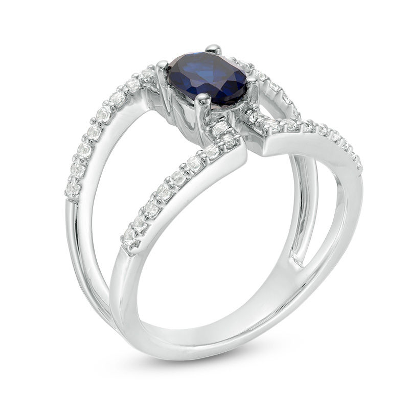 Oval Lab-Created Blue and White Sapphire Double Row Open Shank Ring in Sterling Silver|Peoples Jewellers