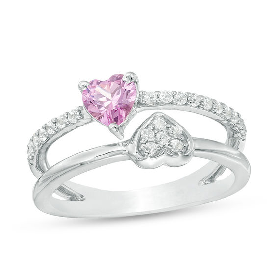Zales Heart-Shaped Lab-Created Pink Sapphire and 1/15 Ct. T.W. Diamond Frame Buckle Ring in Sterling Silver