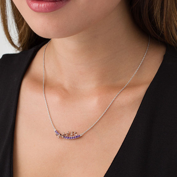 Amethyst and Lab-Created White Sapphire Vine Overlay Curved Bar Necklace in Sterling Silver and 10K Rose Gold