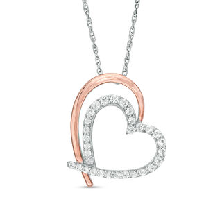 Lab-Created White Sapphire Tilted Double Heart Outline Pendant in Sterling Silver and 10K Rose Gold