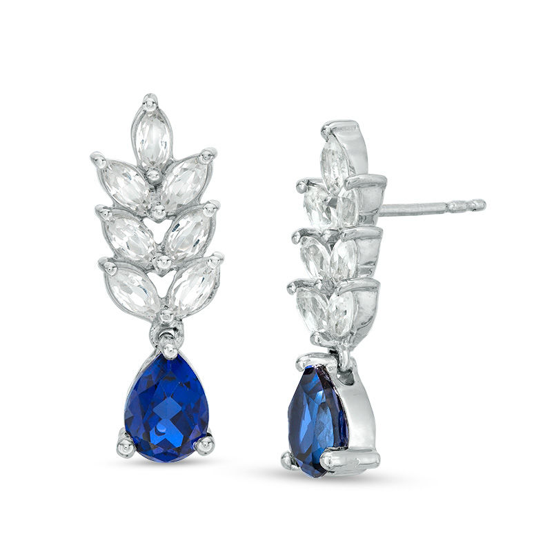 Pear-Shaped Lab-Created Blue and Marquise White Sapphire Leaf Drop Earrings in 10K White Gold|Peoples Jewellers