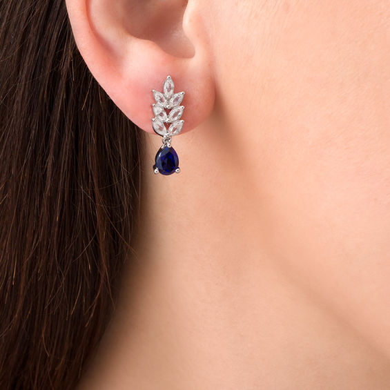 Pear-Shaped Lab-Created Blue and Marquise White Sapphire Leaf Drop Earrings in 10K White Gold