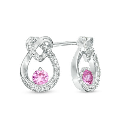 3.0mm Lab-Created Pink Sapphire and 0.147 CT. T.W. Diamond Heart Knot Teardrop Earrings in 10K White Gold