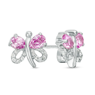 Pear-Shaped Lab-Created Pink and White Sapphire Butterfly Stud Earrings in Sterling Silver