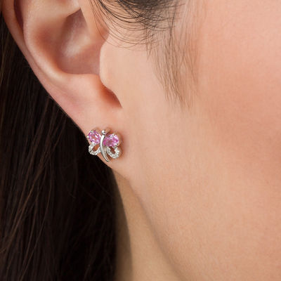 Pear-Shaped Lab-Created Pink and White Sapphire Butterfly Stud Earrings in Sterling Silver