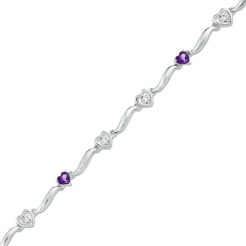 4.0mm Amethyst and Diamond Accent Heart and Wave Link Bracelet in Sterling Silver