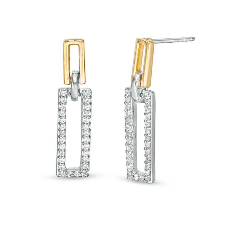 Lab-Created White Sapphire Open Double Rectangle Link Drop Earrings in Sterling Silver and 10K Gold